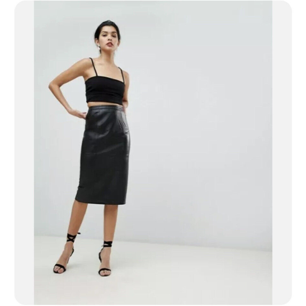 ASOS Womens 6 Genuine Leather Midi Pencil Skirt Black Lined Panel Construction